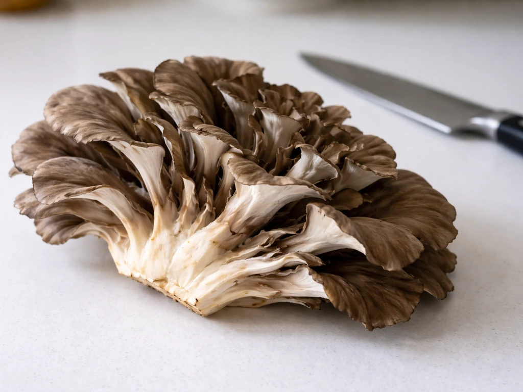 Fresh maitake frond on a countertop with a knife nearby, showing harvest readiness edges not yet curled.