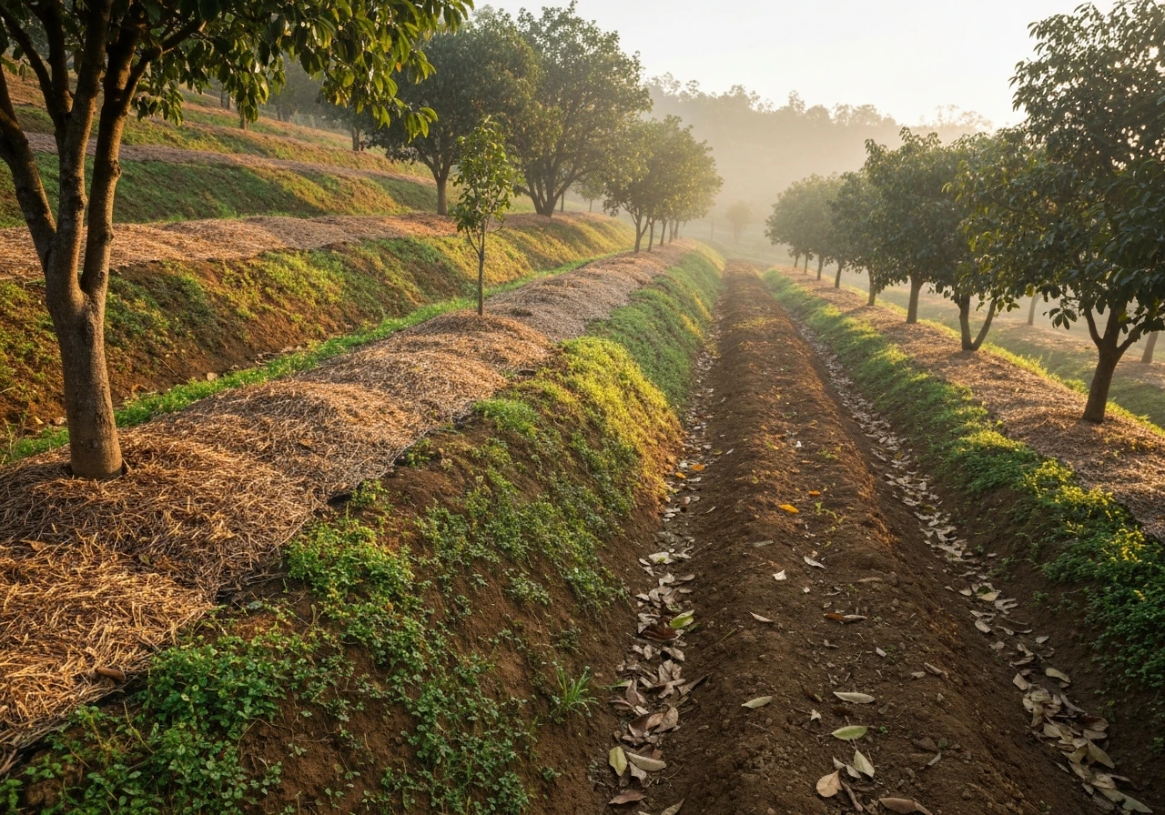 Hilly Indian truffle orchard with host trees and well-kept ground cover under morning light.