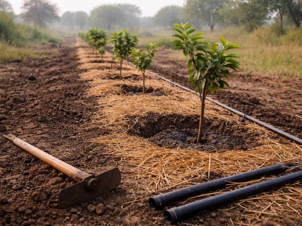 Small experimental truffle plot with straw mulch and young trees in rural Indian farmland.