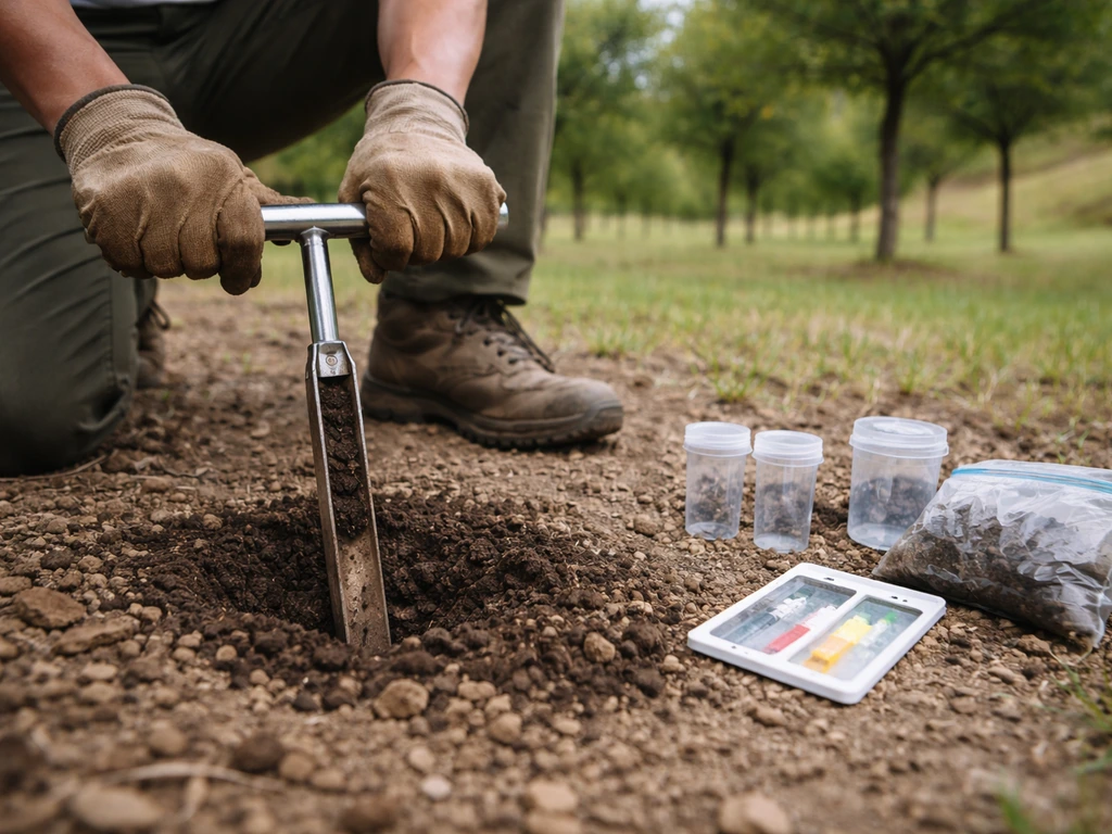 Gloved hand using a soil corer to collect soil samples from an orchard site with small sample containers nearby.