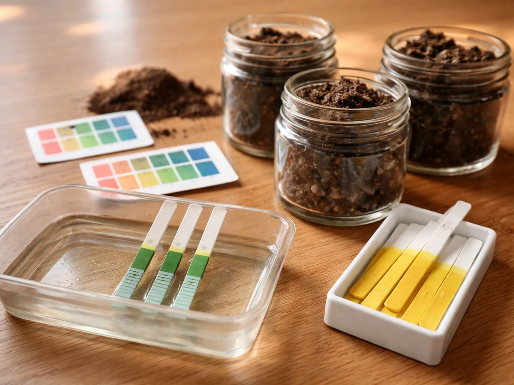 Close-up of pH meter strips beside soil sample jars on a wooden table, showing alkaline testing setup