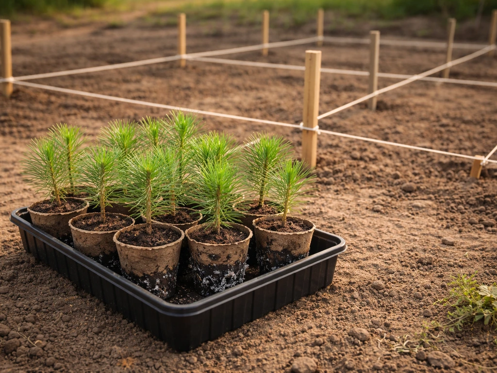 Nursery seedlings with dark inoculum plugs in small pots beside a simple orchard spacing grid on the ground.