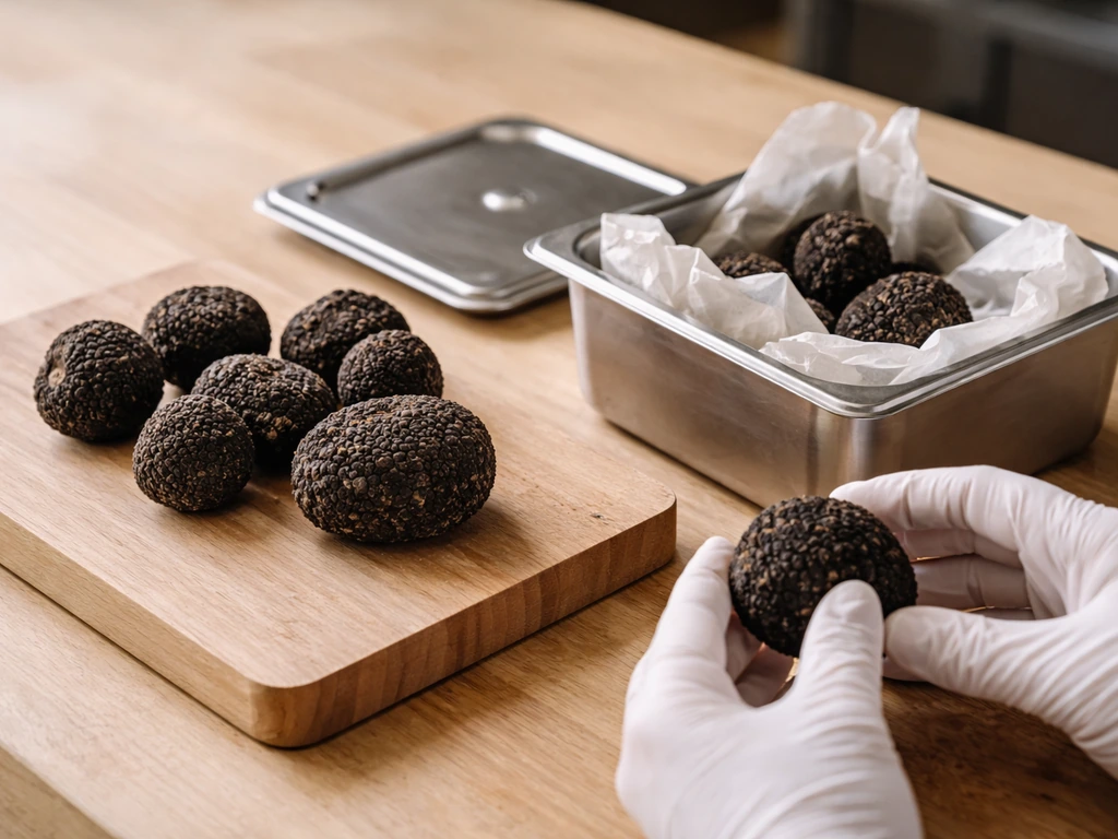 Fresh truffles on a wooden board being inspected, with several wrapped truffles ready for refrigeration.