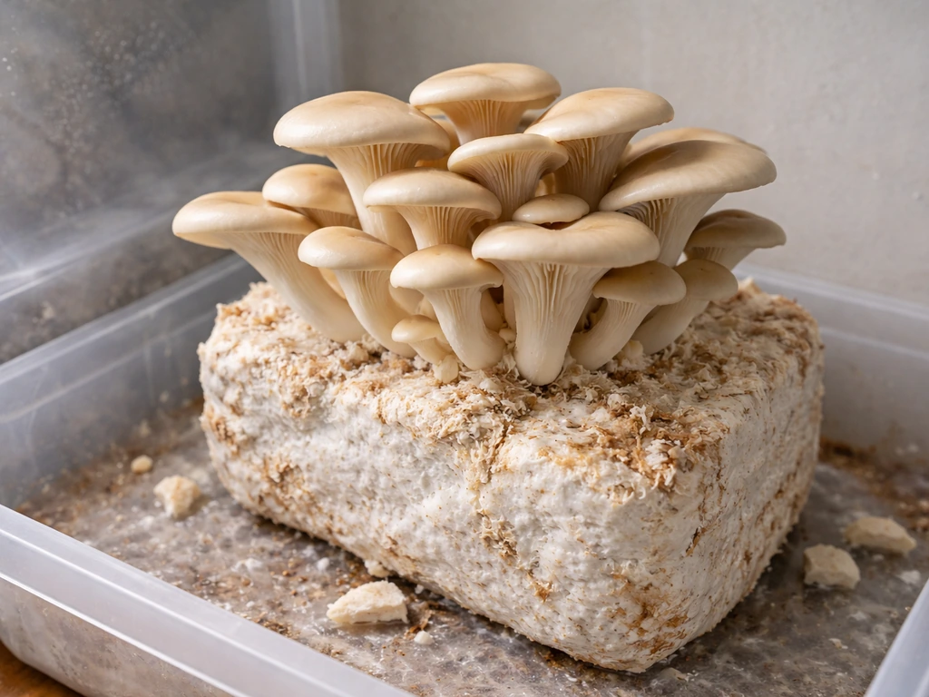 Fresh oyster mushrooms growing from a colonized block in a simple indoor home setup, shown from above.