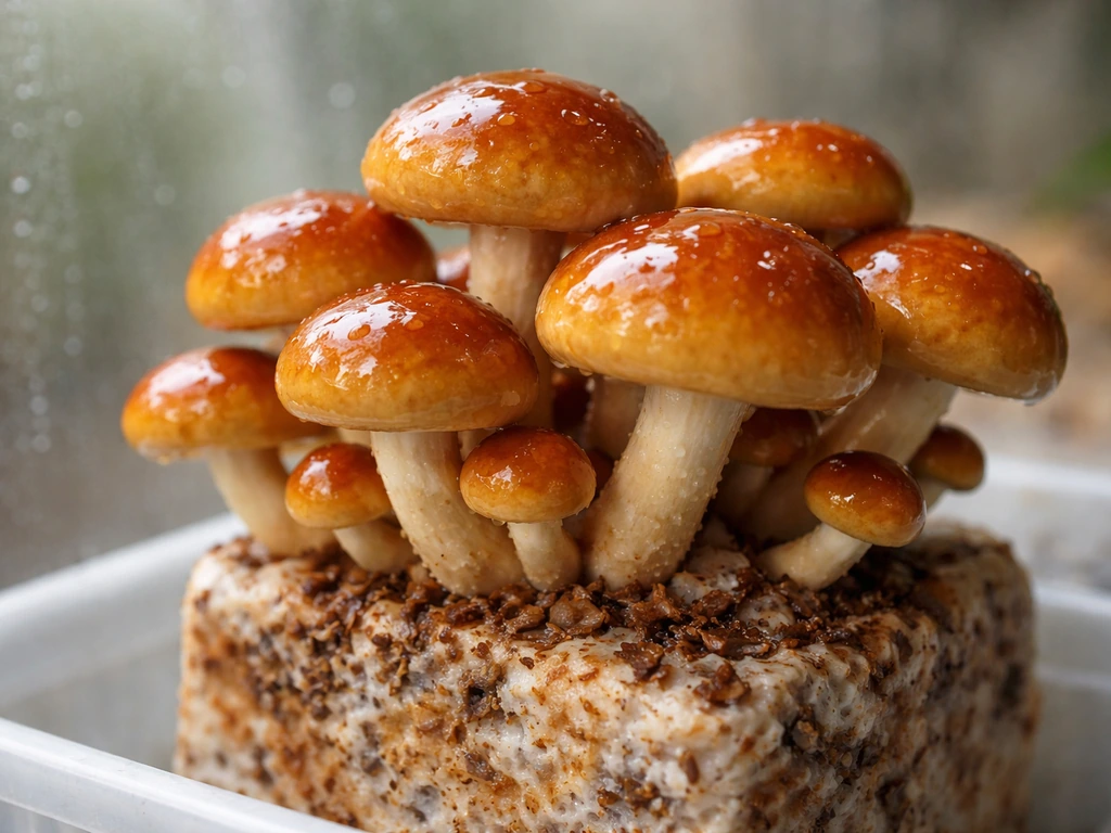 Amber-brown nameko mushrooms with shiny gelatinous caps growing on a home block in a humid setup.