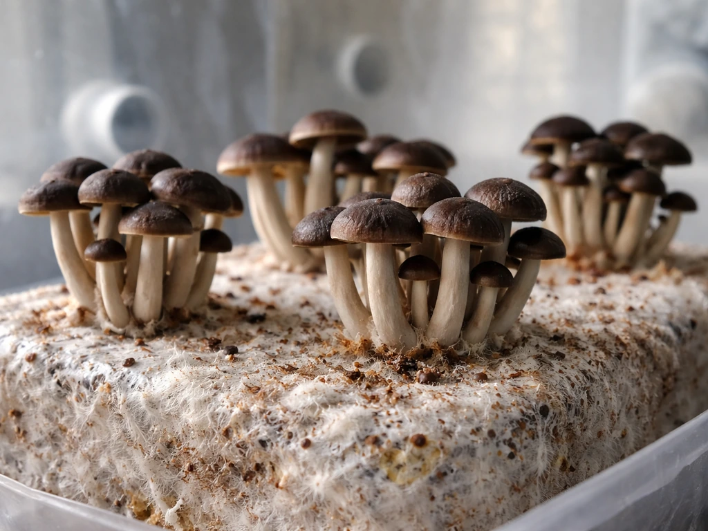 Cluster of black poplar (pioppino) mushrooms growing on a substrate block in an indoor fruiting setup