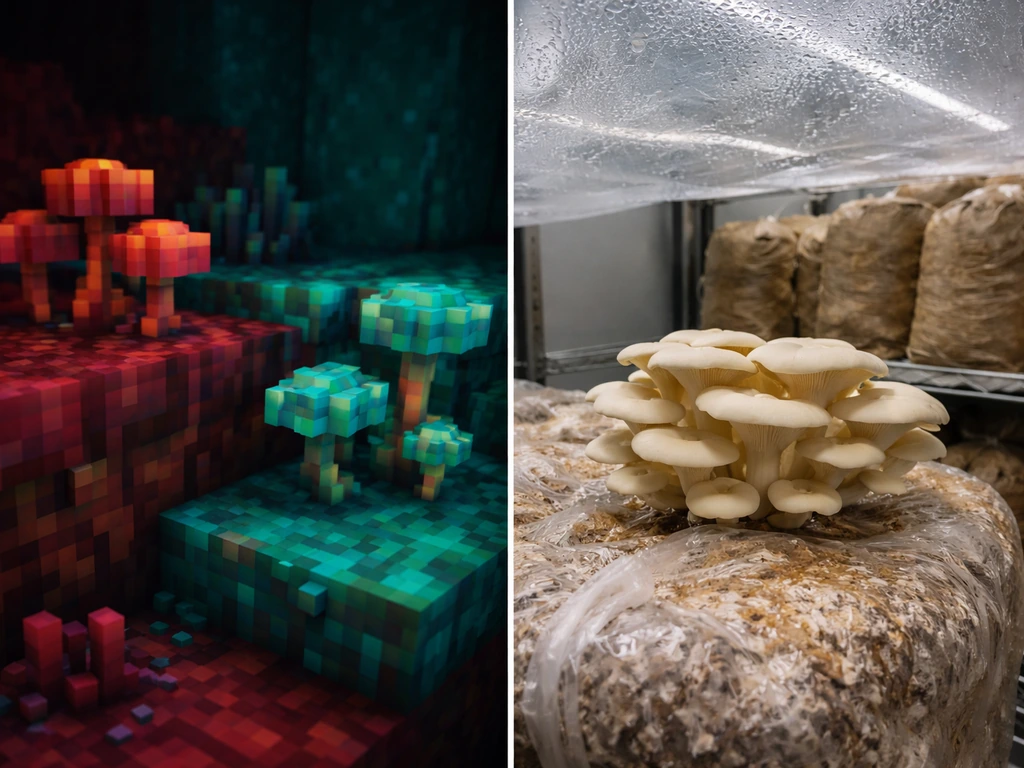 Split image: Minecraft crimson/warped fungus on the left and real indoor oyster mushrooms on the right.