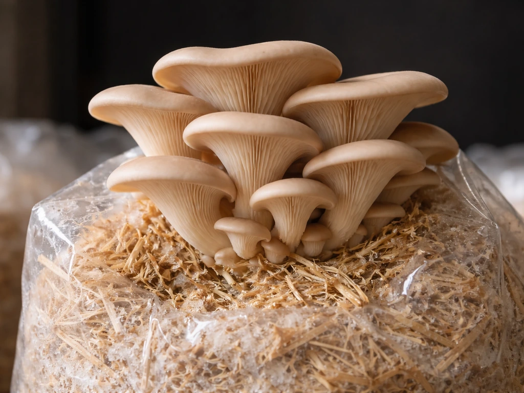 Fresh oyster mushrooms fruiting indoors from a clear grow bag with straw and sawdust visible.