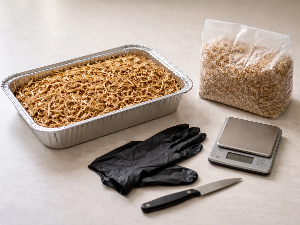 Chopped straw, bagged grain spawn, and inoculation tools laid out on a clean table.