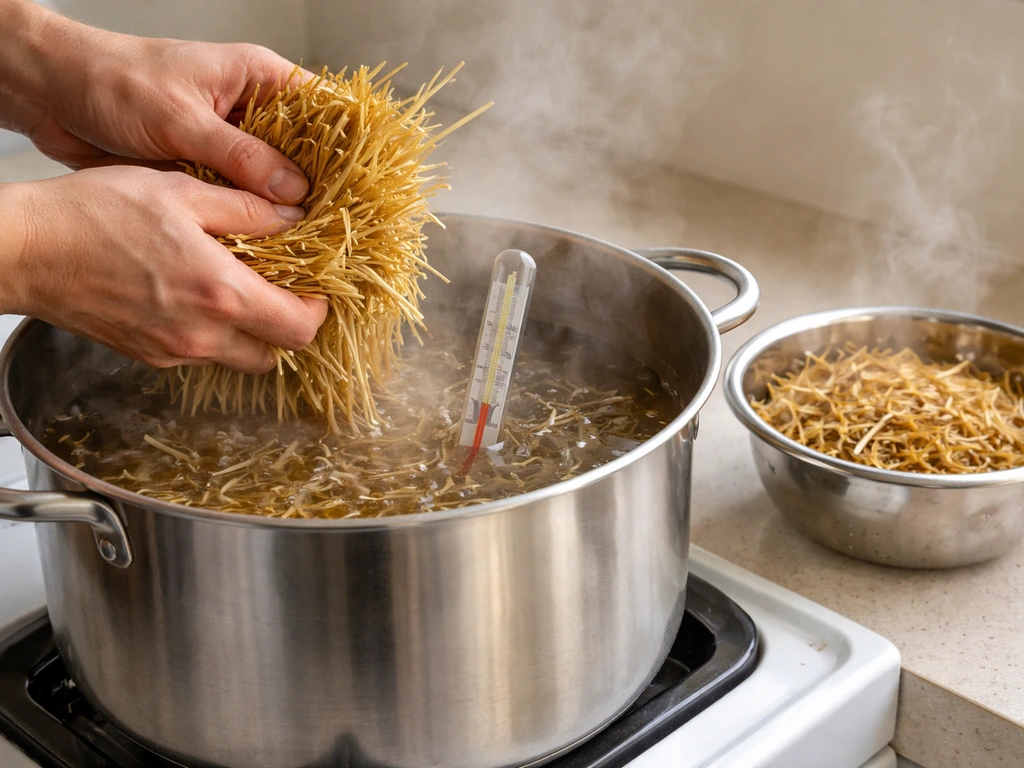 Chopped straw soaking in a stainless pot with a visible thermometer on the stove.
