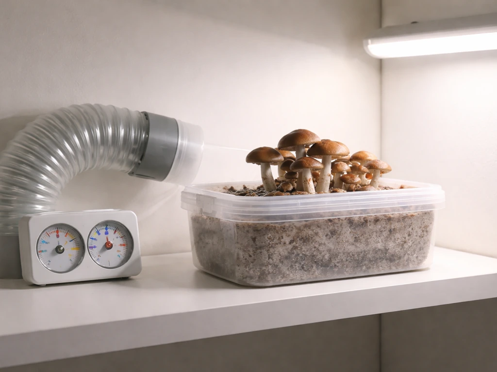 Minimal grow setup with a container, visible hygrometer/thermometer, and subtle airflow and light elements