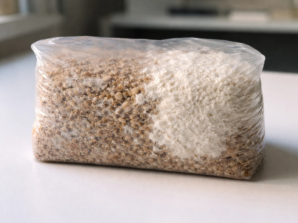 Close-up of a mushroom grow bag with patchy stalled mycelium beside a clean, fully colonized area.
