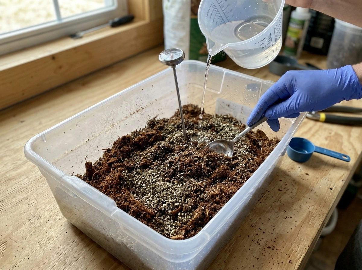 Mixing coco coir and vermiculite substrate with water for correct moisture.