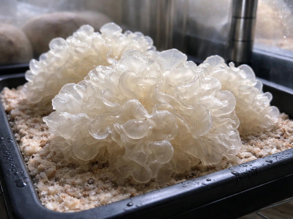 Fresh translucent silver ear tremella jelly mushrooms on a small indoor grow tray.