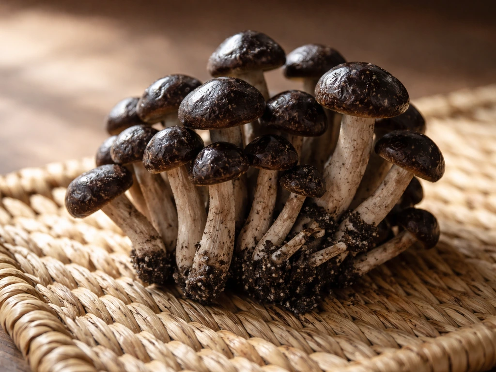 Freshly harvested dark djon djon mushrooms on a woven mat, with speckled caps clearly visible.