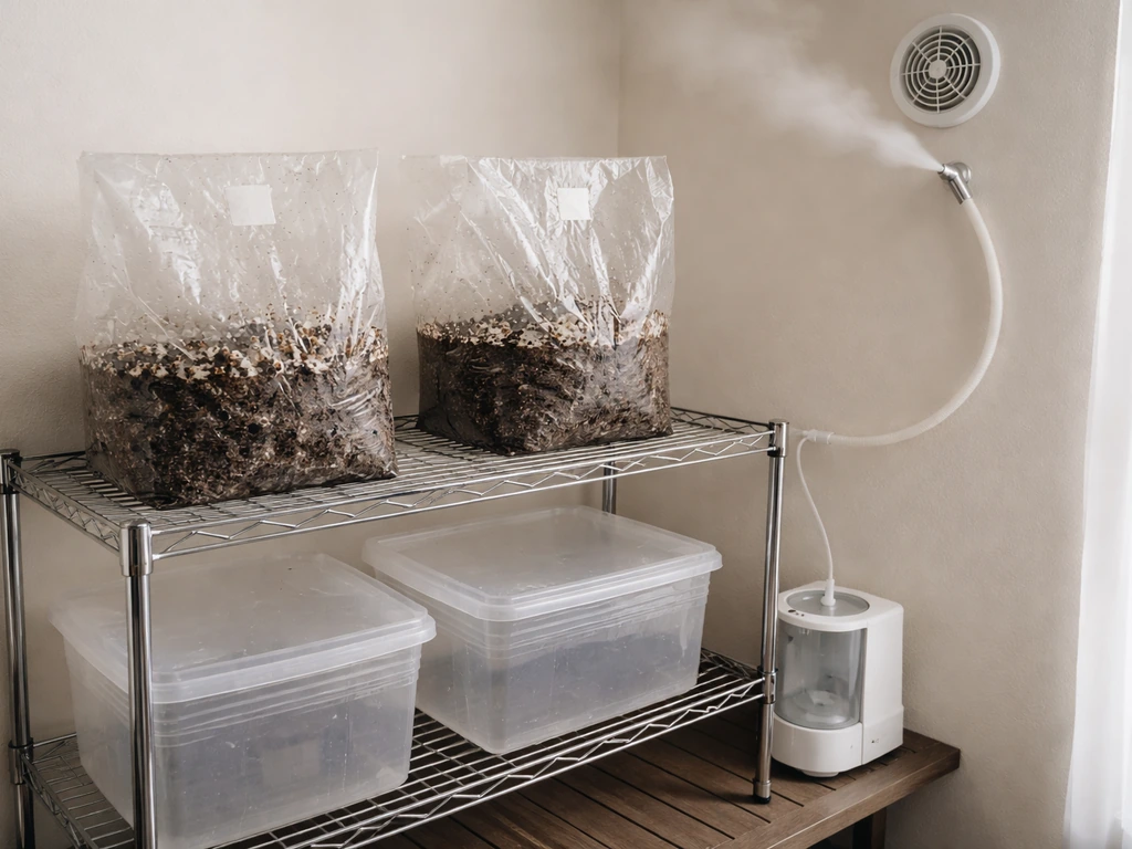 Minimal indoor mushroom grow-bag setup on shelves with a bucket, hose, and humidity vent for djon djon cultivation.