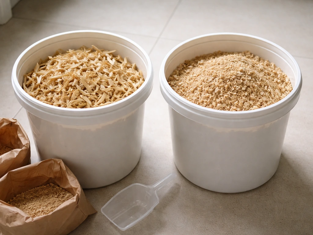 Two unlabeled buckets of pasteurized straw and sawdust/bran substrates, ready to load into grow containers.