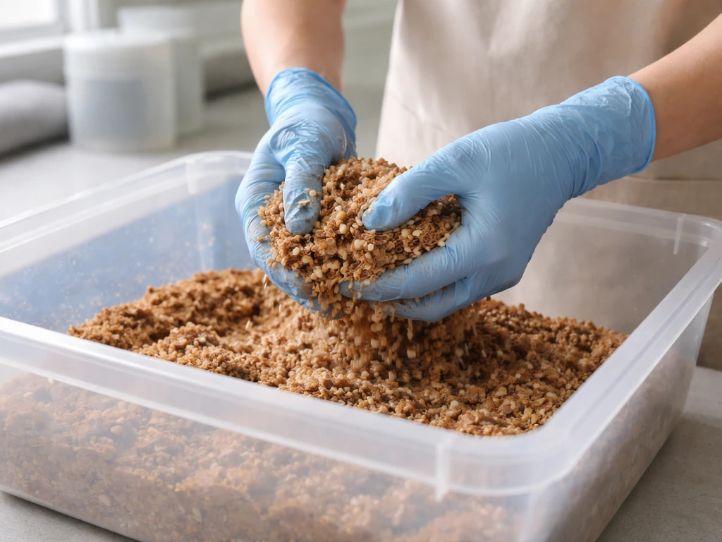 Gloved hands mixing grain spawn into cooled substrate in a clean plastic bin.