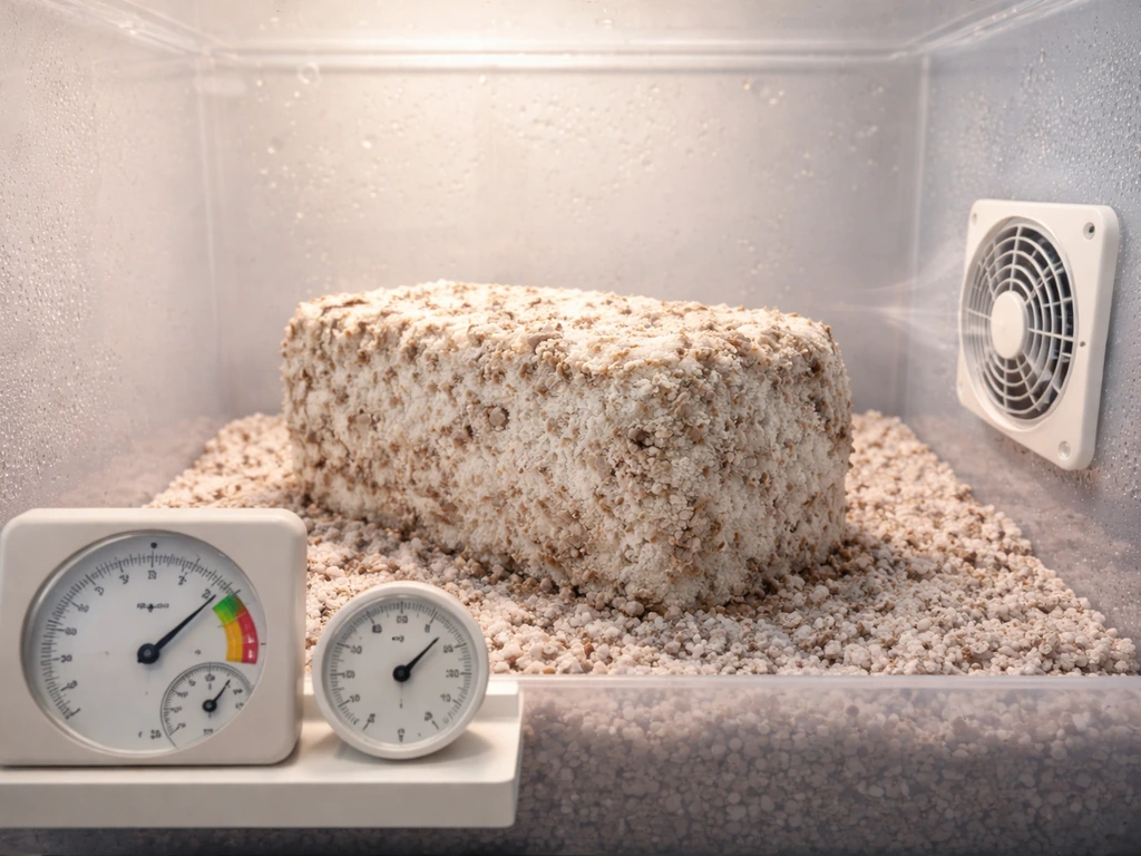 Mycelium block in a clear fruiting chamber beside a humidity gauge and a vented fresh-air fan