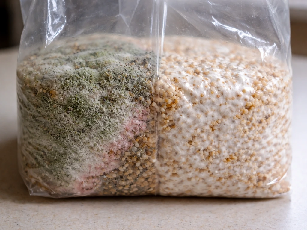 Close-up of a mushroom grow bag with visible green and dark mold patches beside a clean colonized section.