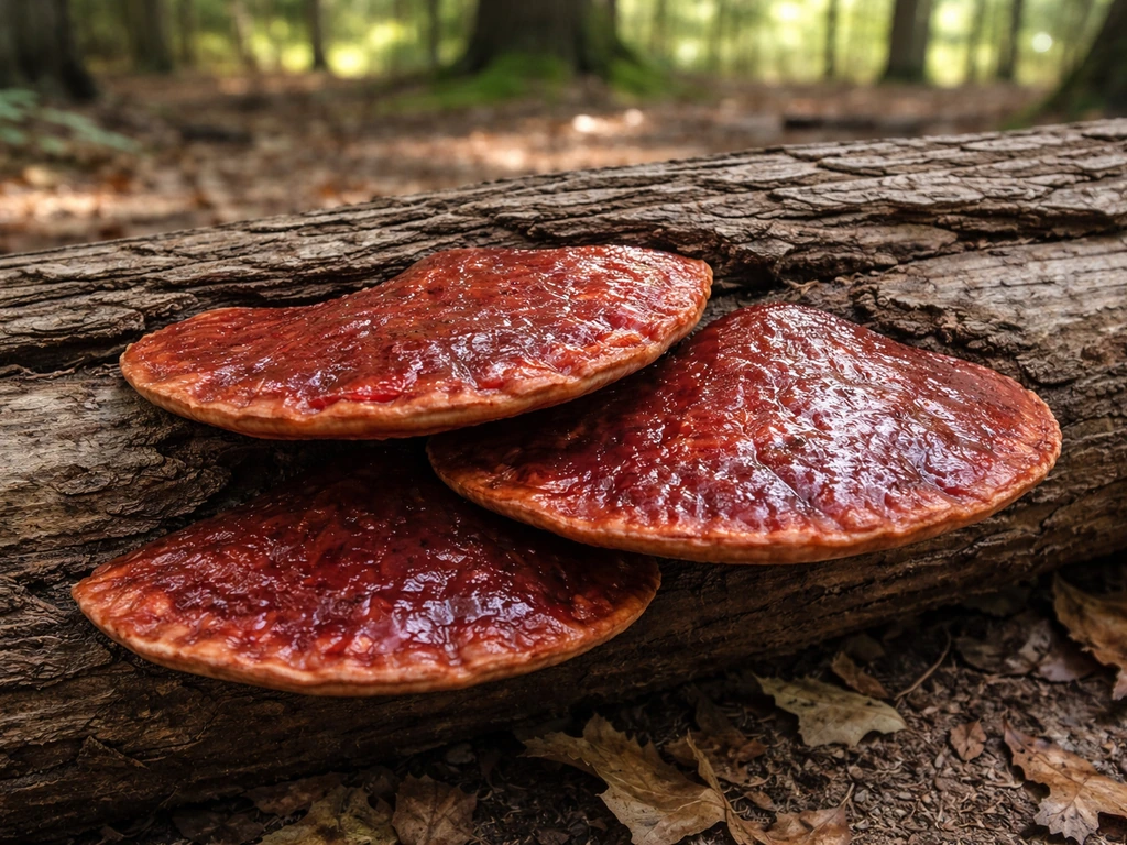 Beefsteak mushrooms growing in shelf-like brackets from a fallen log in a forest, late-summer light.