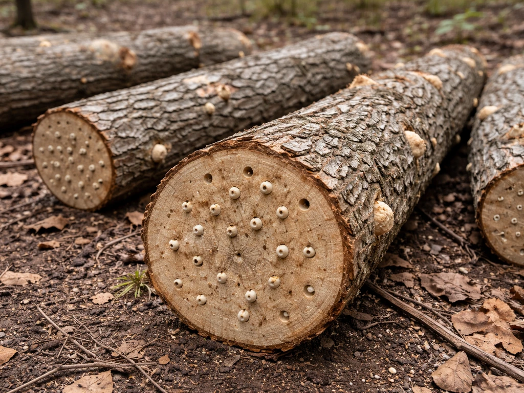 Fresh oak logs on the ground with drill holes and spawn ready for inoculation