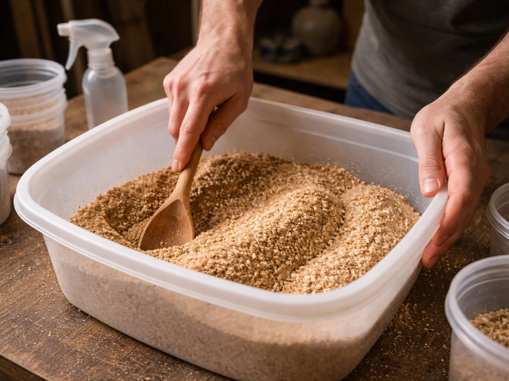 Hands mixing oak sawdust and wheat bran in a plastic tub on an indoor worktable.