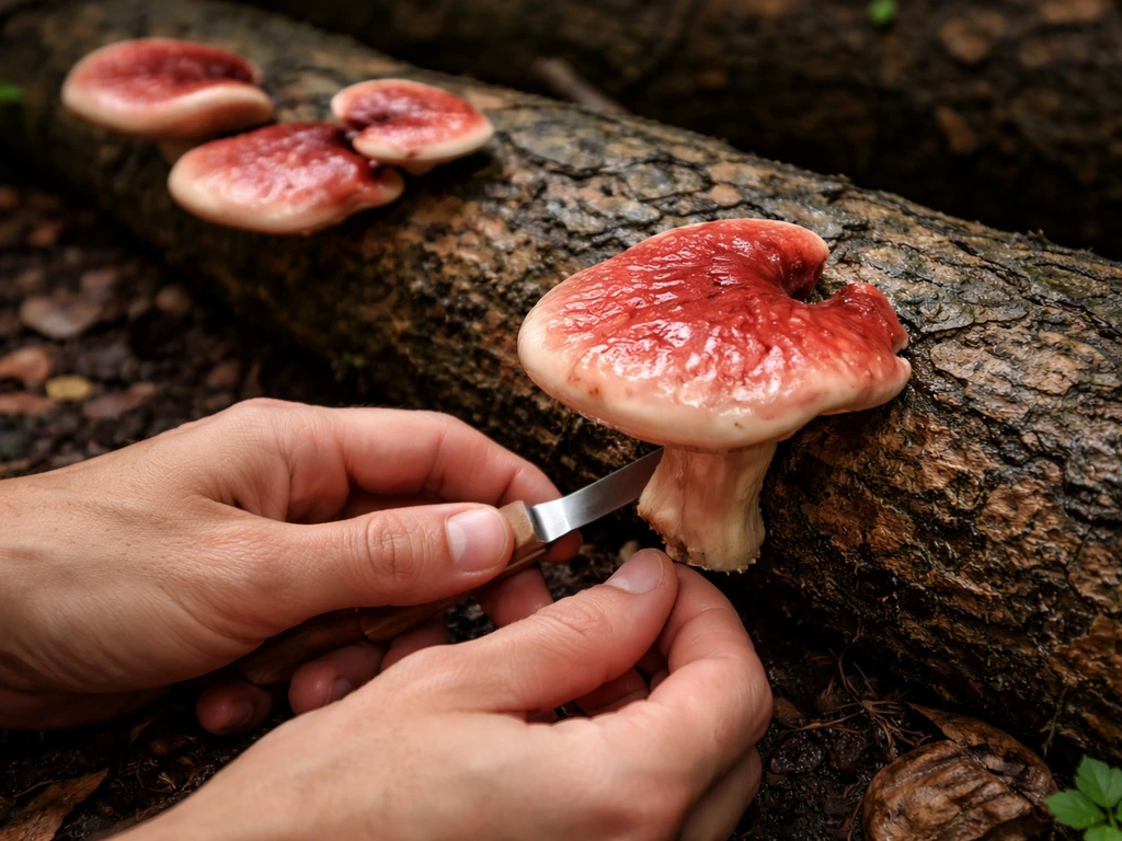 Hands cutting a fully developed beefsteak mushroom at the base on a moist outdoor log.