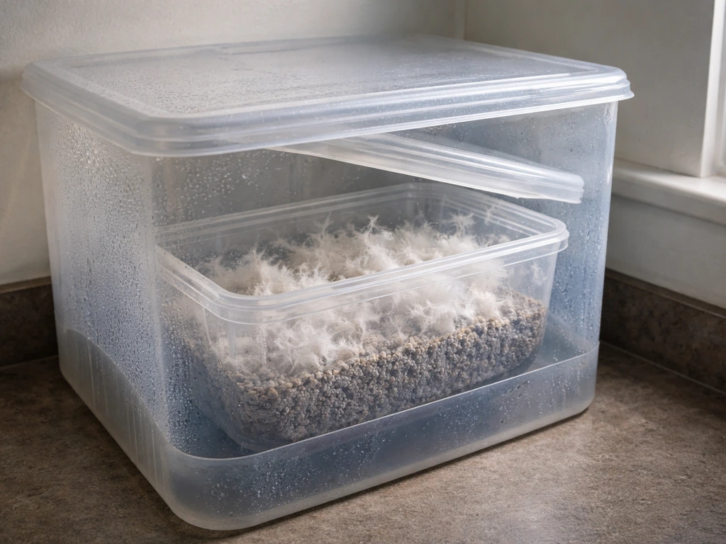 Clear container with dense aerial mycelium climbing above substrate inside a humid home fruiting chamber.