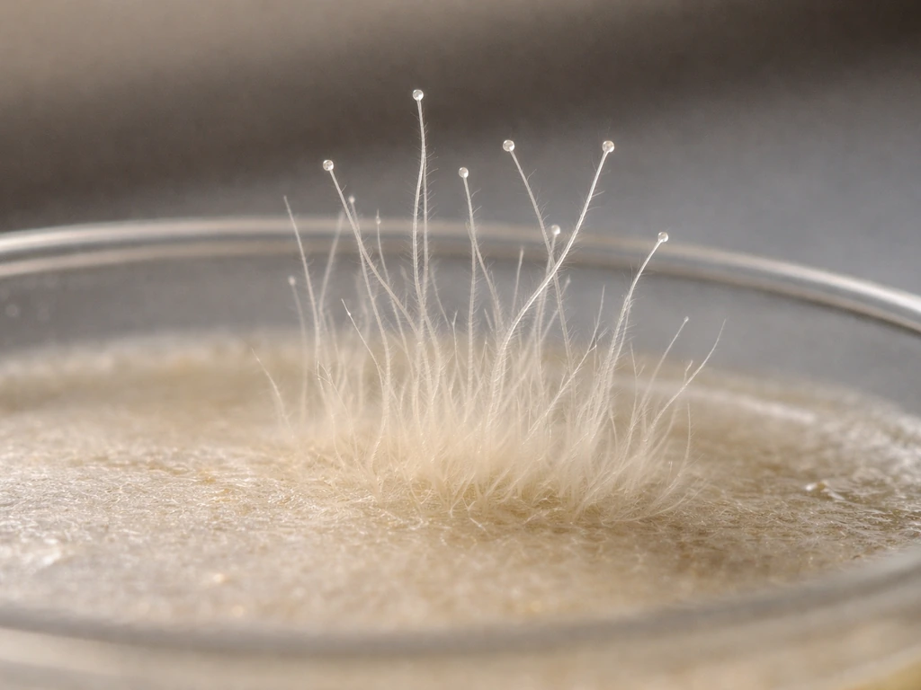 Macro close-up of translucent fungal hyphae growing above an agar surface in a petri dish.
