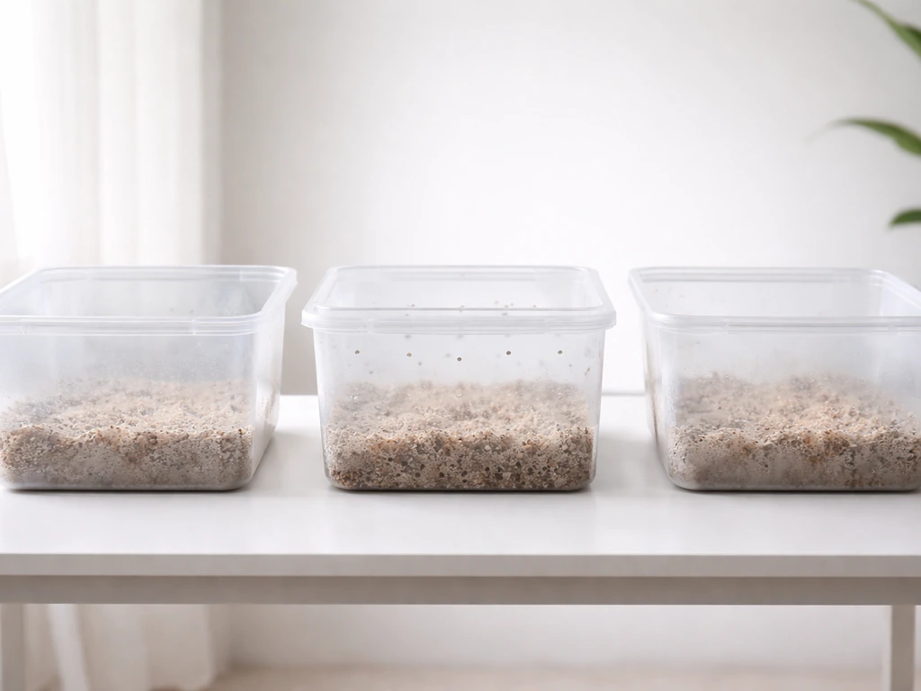 Three clear fruiting chambers side-by-side showing open-top bin, shotgun fruiting chamber, and monotub airflow views.