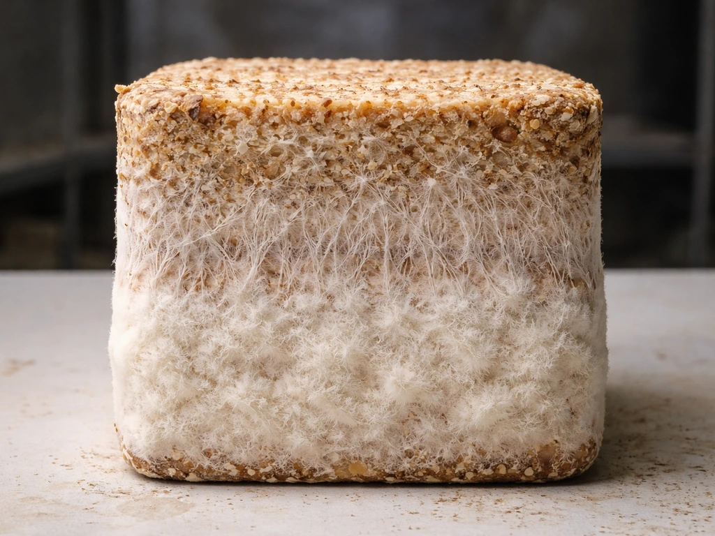 Close-up of one hardwood mushroom block showing fresh surface to early threads to dense aerial mycelium.