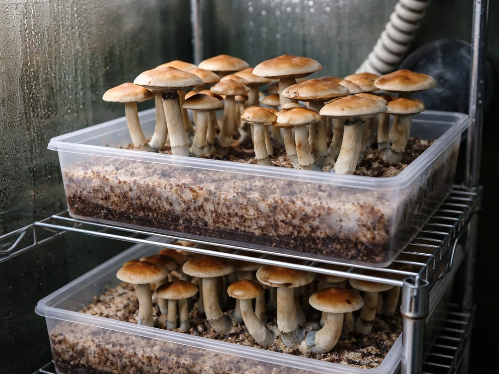 Close-up of indoor mushroom fruiting in a clean grow chamber with mycelium on substrate.