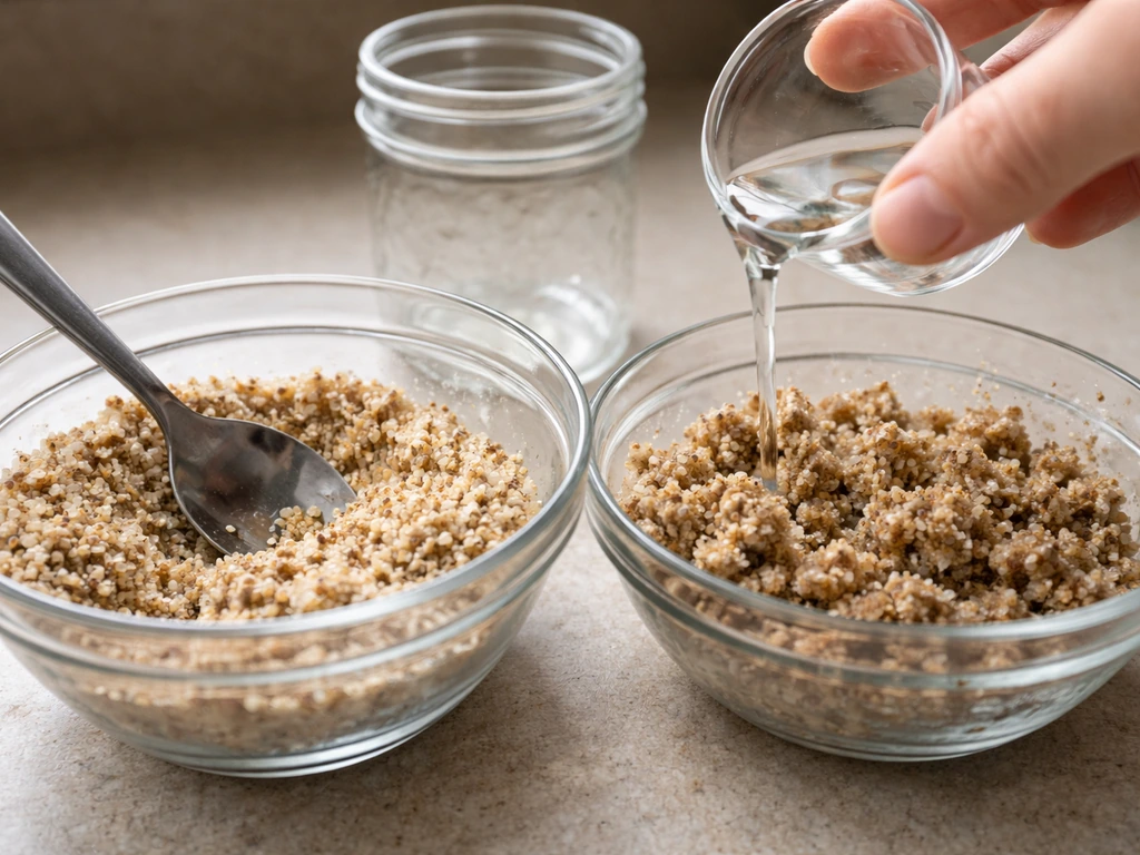 Close-up of vermiculite and brown rice flour being mixed with water to form moist clumps for jar filling.