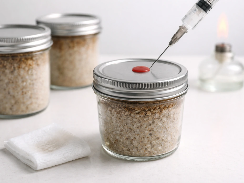 Close-up of sterile needle inoculating PF Tek jars on a clean, uncluttered workspace with alcohol swab nearby.