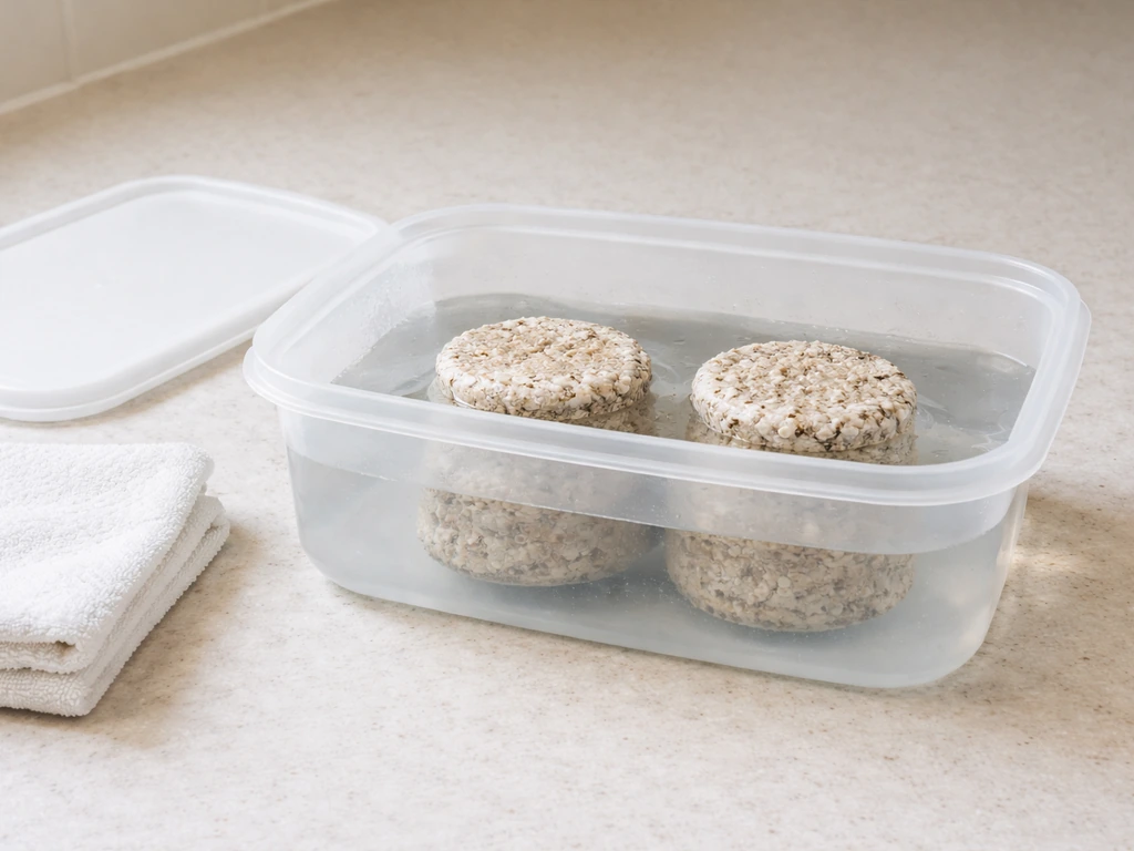 PF Tek mushroom cakes submerged in cold water in a clean container, ready for rehydration between flushes.