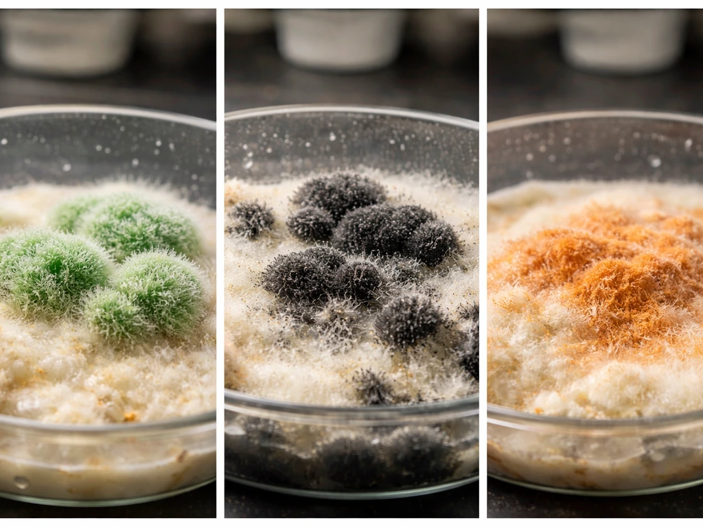 Macro view of substrate showing distinct green, black, and orange fungal contamination patches.