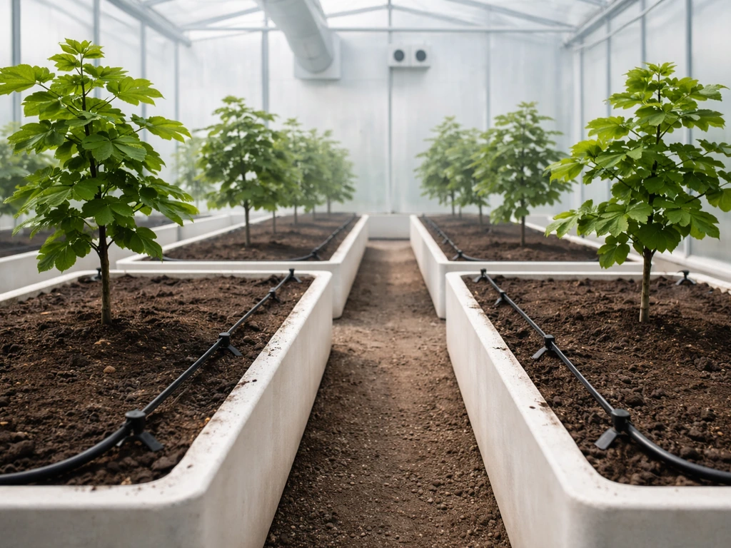 Greenhouse with host trees in sterilized beds and visible drip irrigation lines, calm natural light.