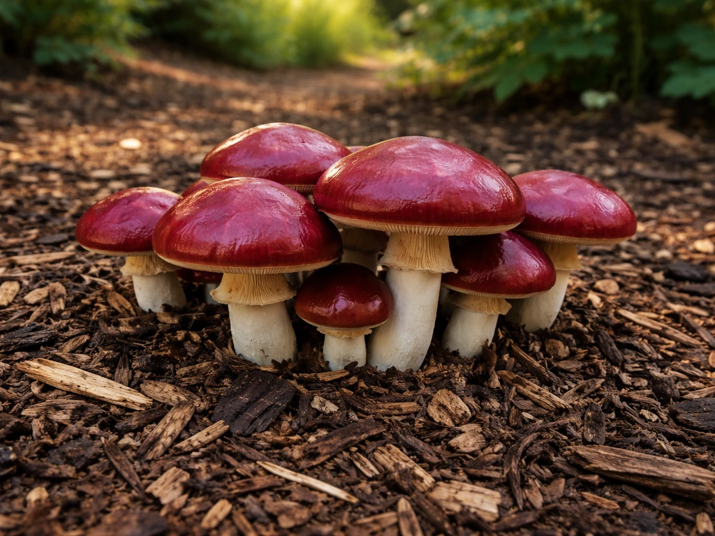 King stropharia wine-cap mushrooms fruiting from a hardwood woodchip bed in an outdoor garden.