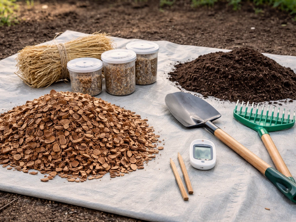 King stropharia growing supplies laid out on a tarp: hardwood chips, straw, grain spawn, tools, and soil cover.