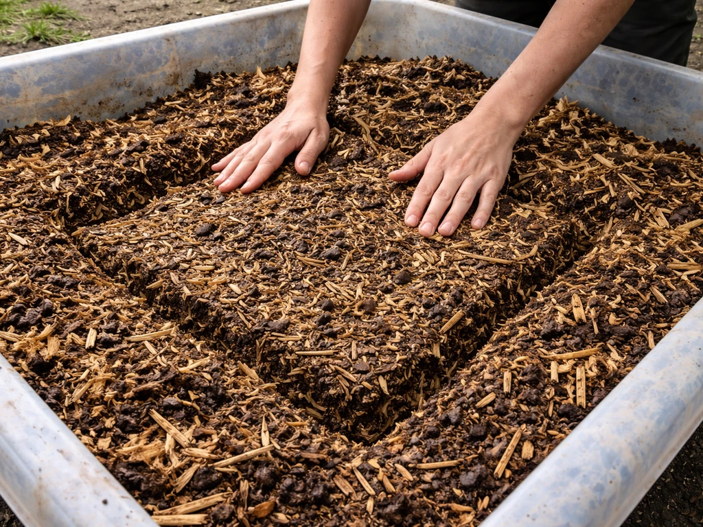Hands layering damp hardwood woodchips with straw and compost to prep a mushroom bed
