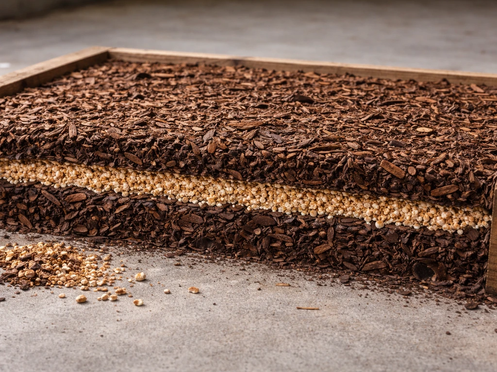 Cross-section of a mushroom bed: damp woodchips with grain spawn sandwiched between layers.