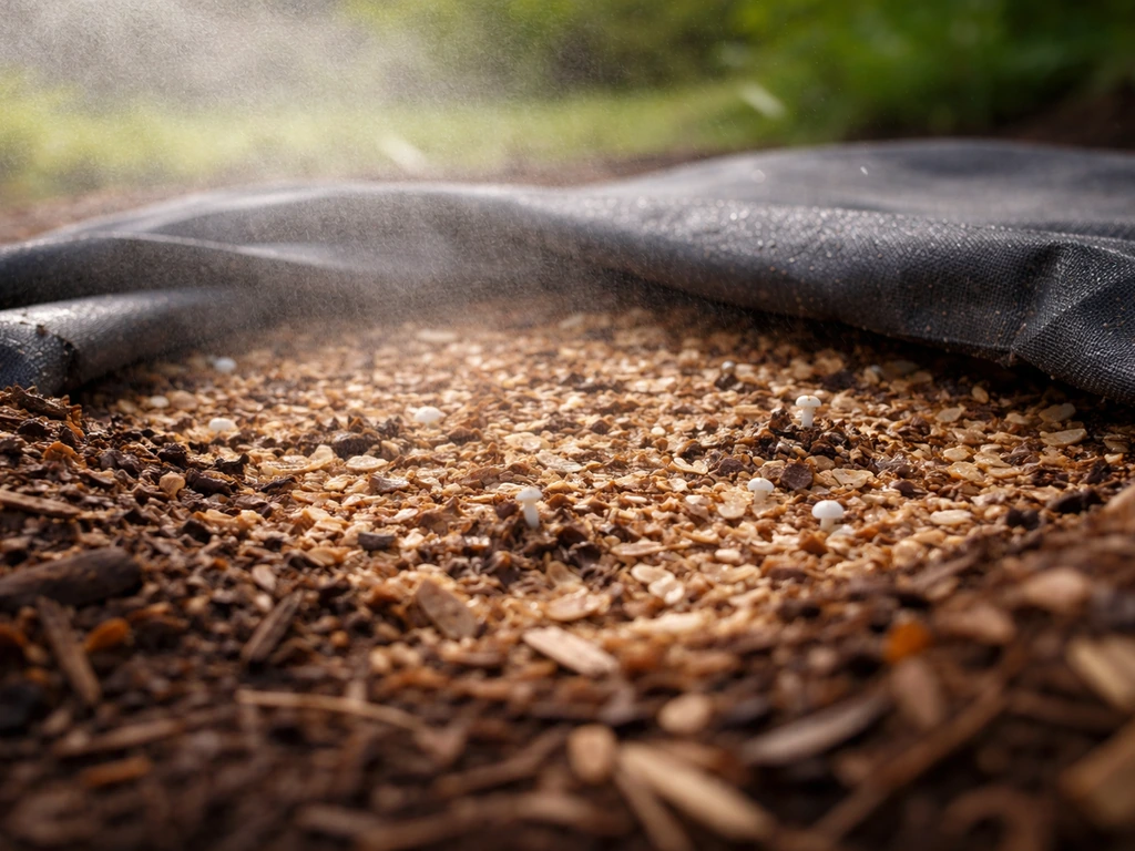 Outdoor mushroom fruiting bed covered with damp mulch and fresh mist, with tiny early pins beginning to show.