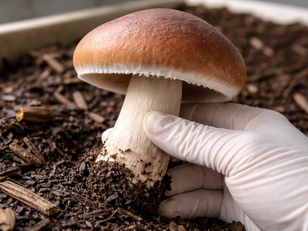 Close-up of a king stropharia being gently twisted free from woodchips while the veil is intact.