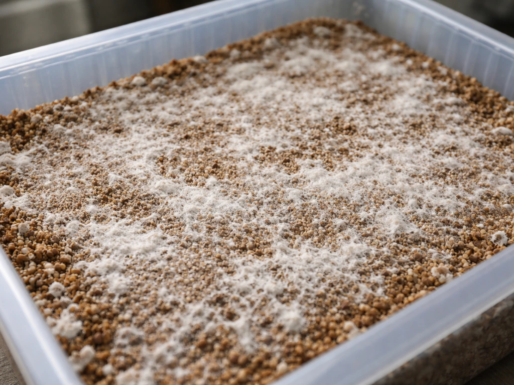 Close-up of a mushroom grow bed with visible white mycelium but no pins forming on the surface.
