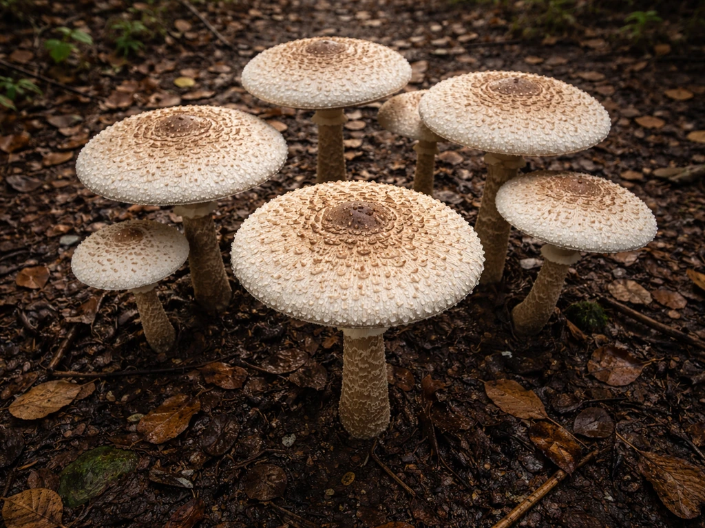 Top-down view of mature parasol mushrooms with fully open caps on leaf litter in a woodland garden.