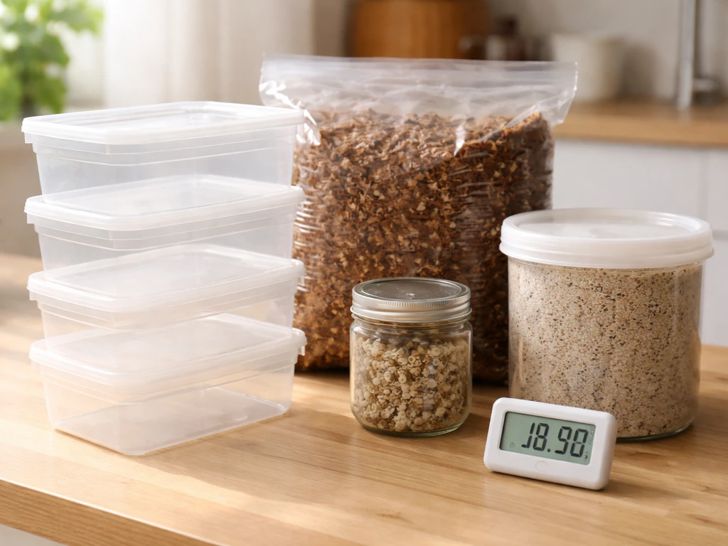 Top-down tabletop view of DIY parashroom supplies: spawn jar, substrate, containers, and a thermometer/hygrometer.