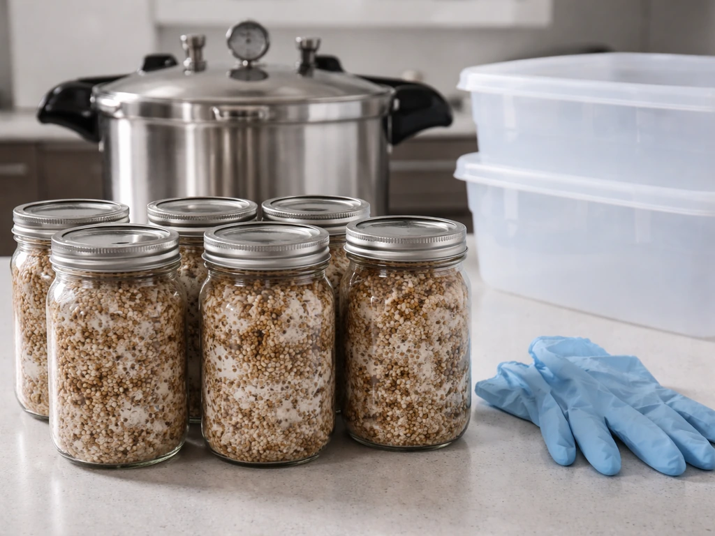 Close-up of a pressure cooker, wide-mouth mason jars, plastic tubs, and gloves for grain spawn prep.