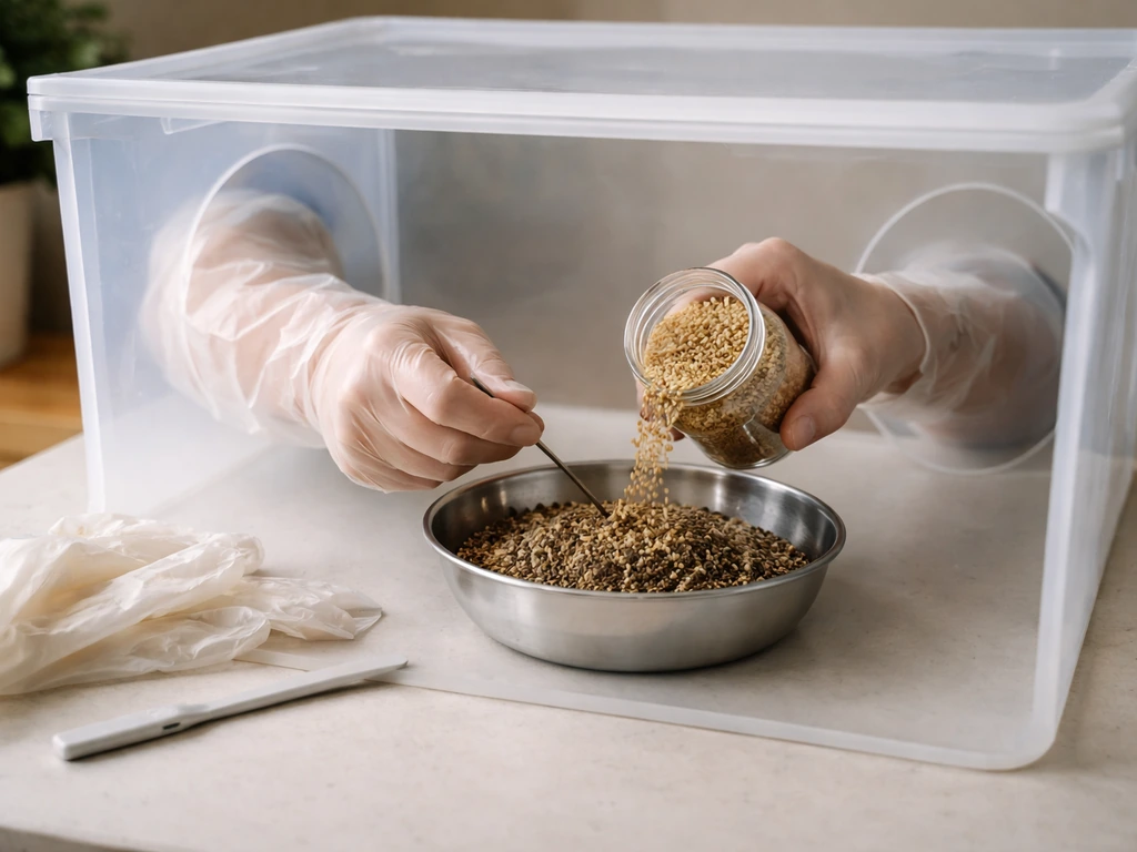 Anonymous hands inoculating cooled substrate inside a clear still-air box, adding grain spawn carefully.