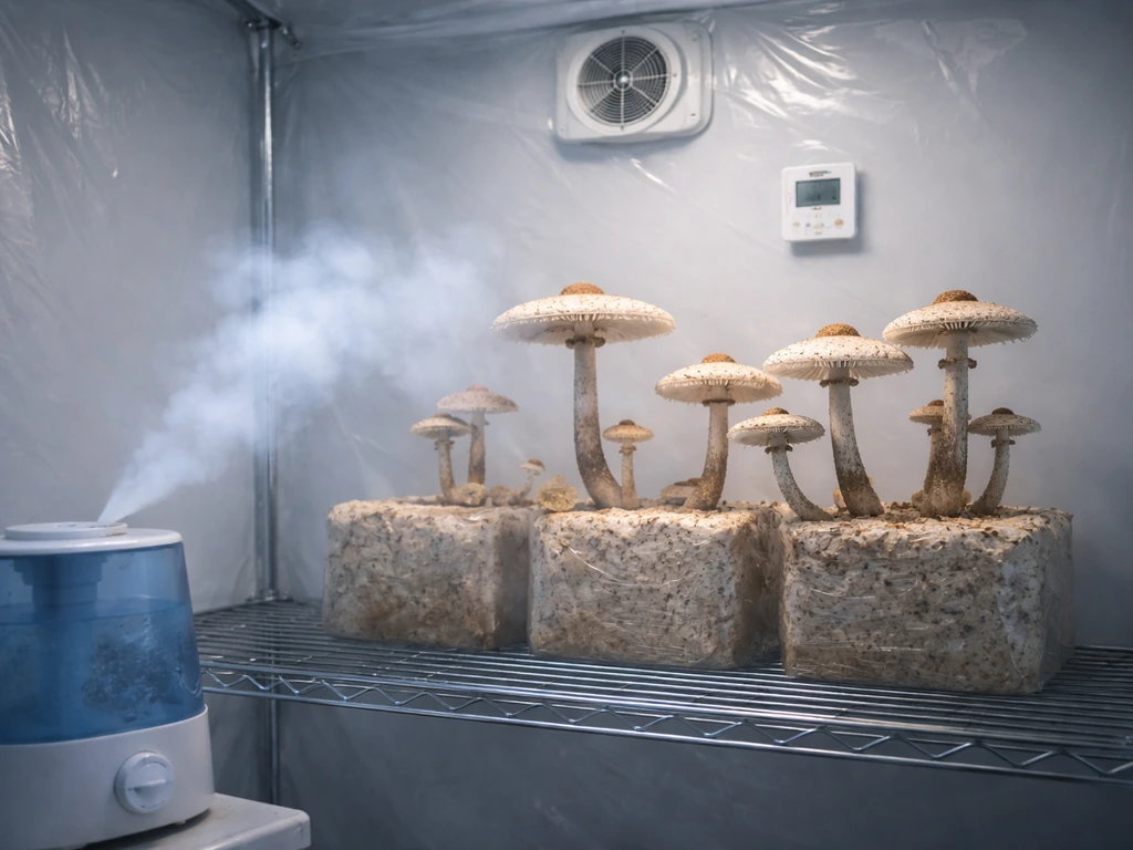Minimal grow-room scene with a humidifier misting and a small fresh-air vent for parasol mushroom pinning.